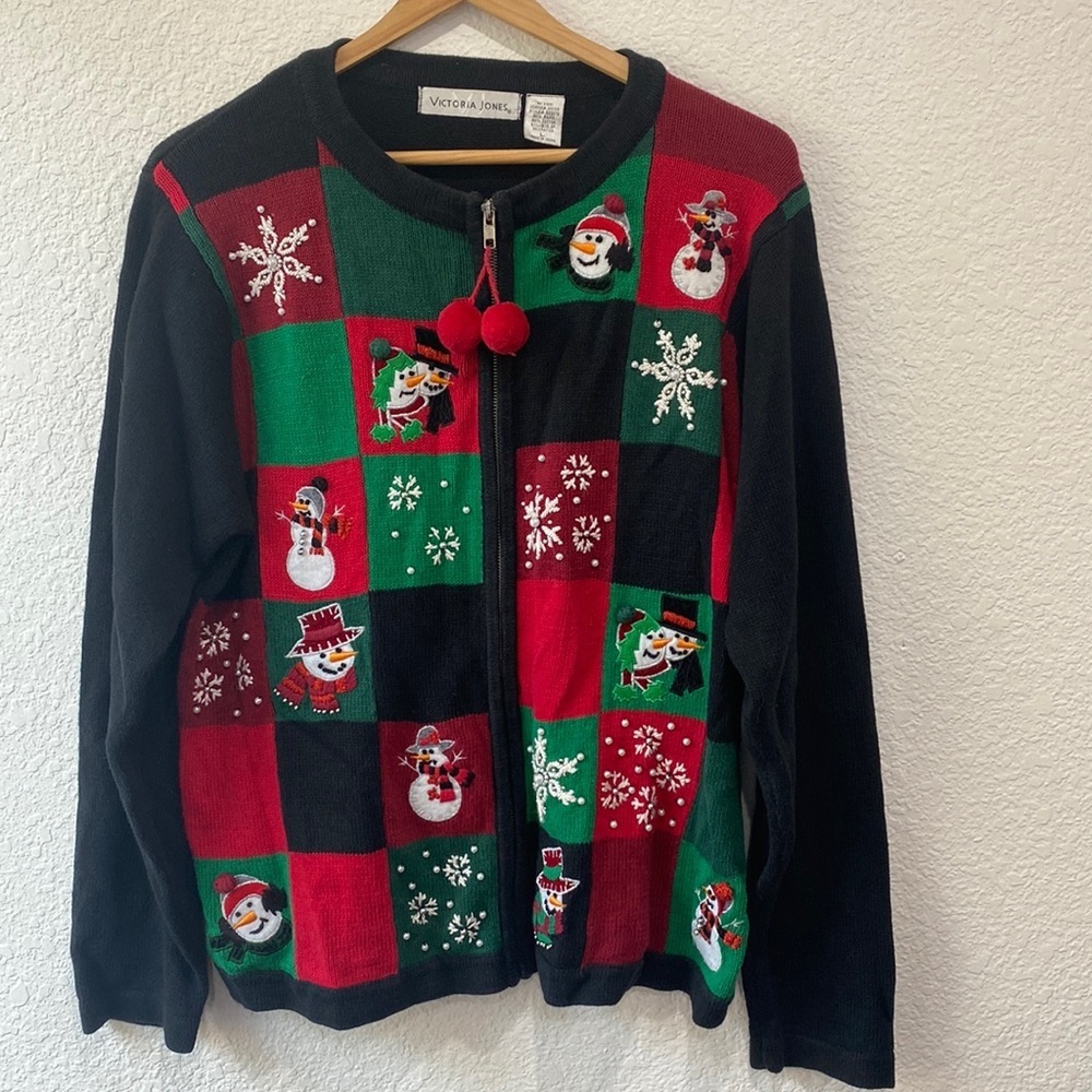 Vintage Victoria Jones Front Zip Up Ugly Christmas Sweater L